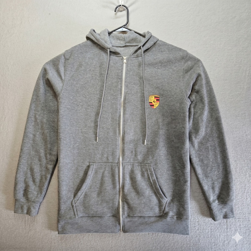 Porsche Full Zip Hoodie Heather Gray Crest Logo Graphic Sweatshirt Mens L